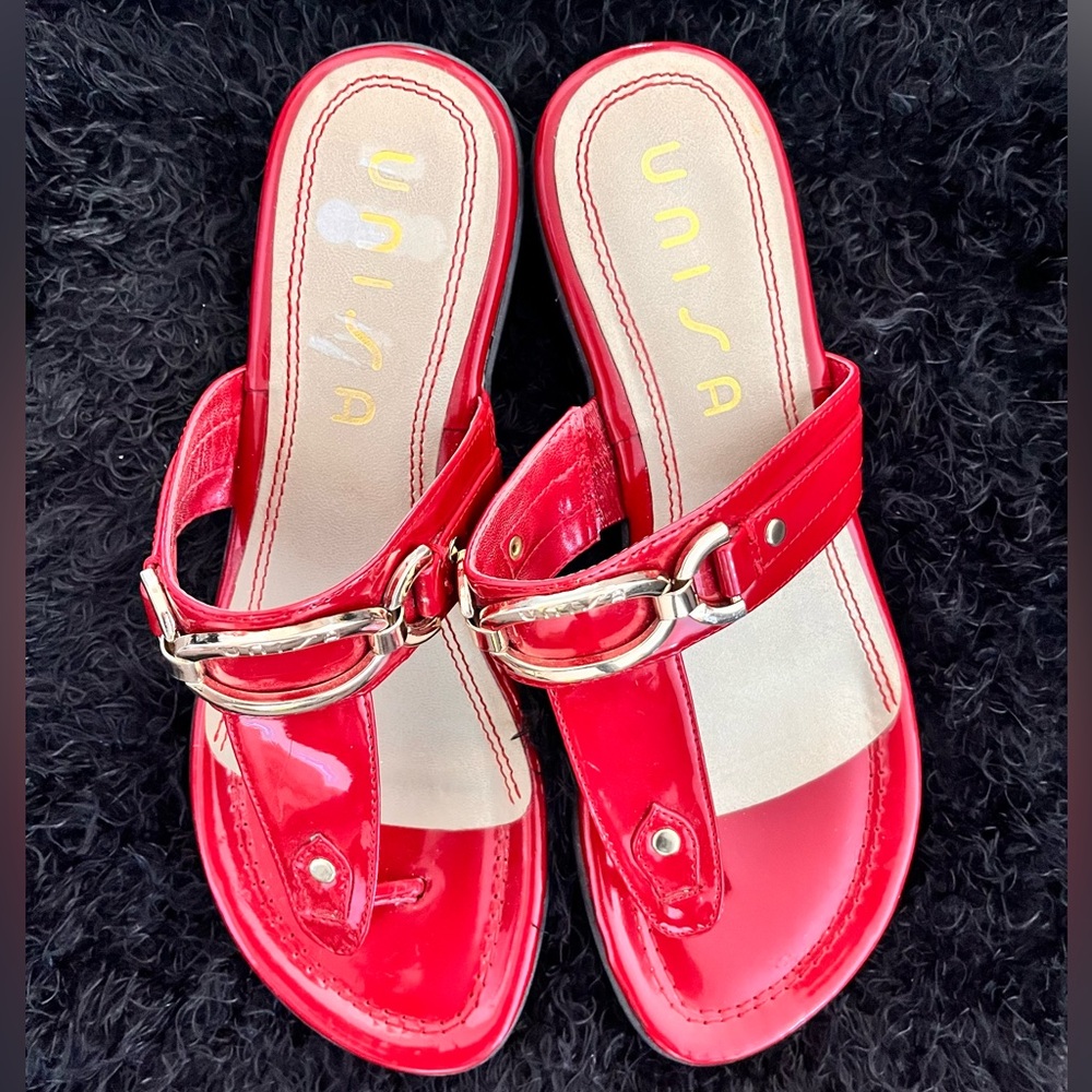 Red Patent Leather “Unisa” Sandal with Gold Hardware Detailing - Like New
